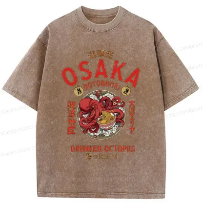 Tokyo-Tiger Osaka Octopus Eating Ramen Washed T-Shirt