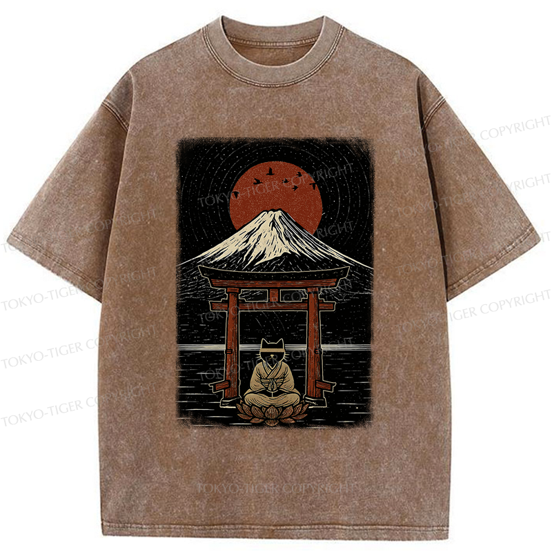 Tokyo-Tiger Samurai Cat In Meditation Washed T-Shirt
