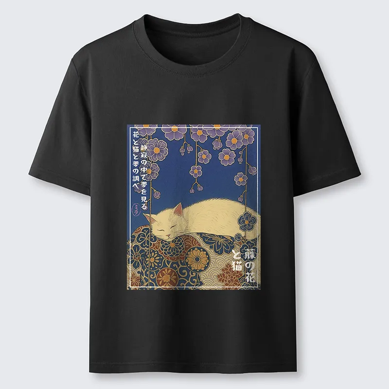 Tokyo-Tiger Ukiyoe Wisteria Flowers and Cats Classic T-Shirt