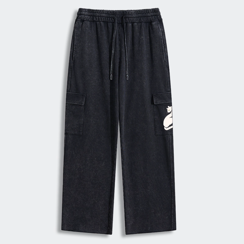 Tokyo-Tiger Elegant Black Cat Japan Washed Utility Sweatpants
