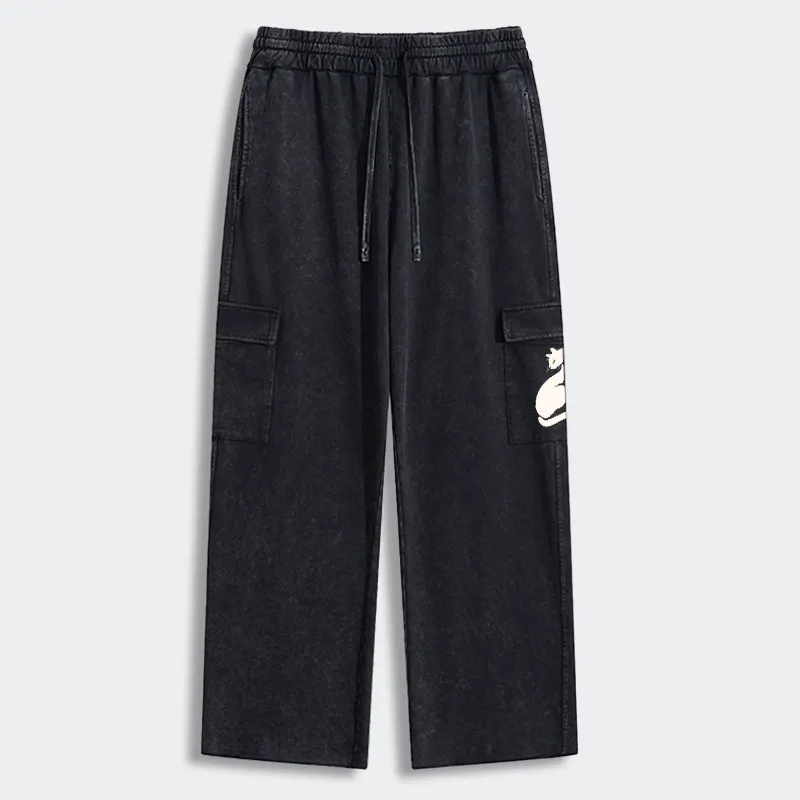 Tokyo-Tiger Elegant Black Cat Japan Washed Utility Sweatpants