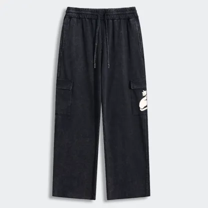 Tokyo-Tiger Elegant Black Cat Japan Washed Utility Sweatpants