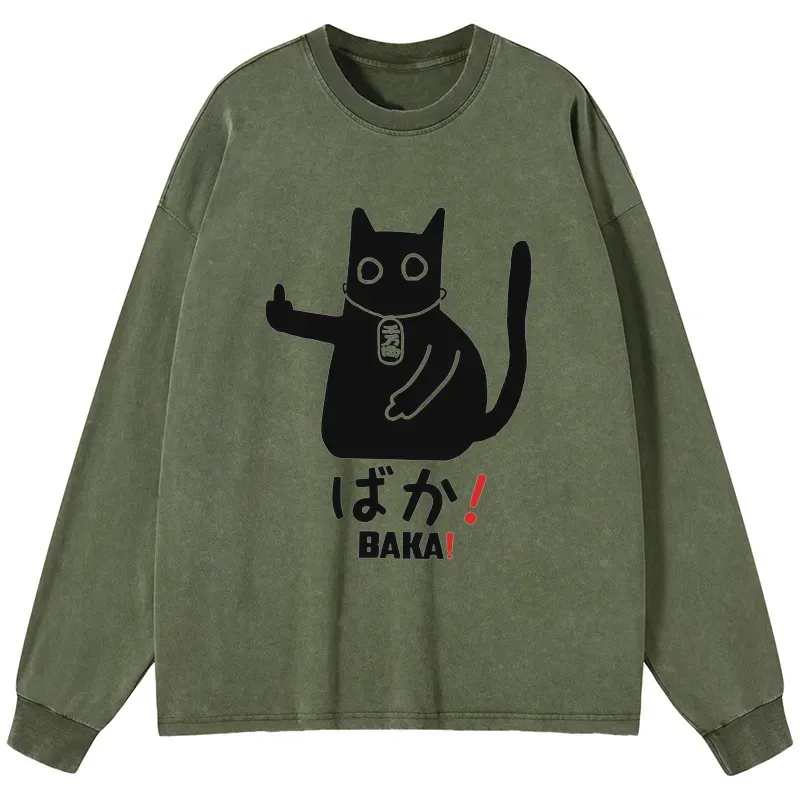 Tokyo-Tiger Japanese Baka Cat Washed Long Sleeve T-Shirt