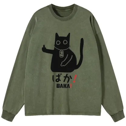 Tokyo-Tiger Japanese Baka Cat Washed Long Sleeve T-Shirt