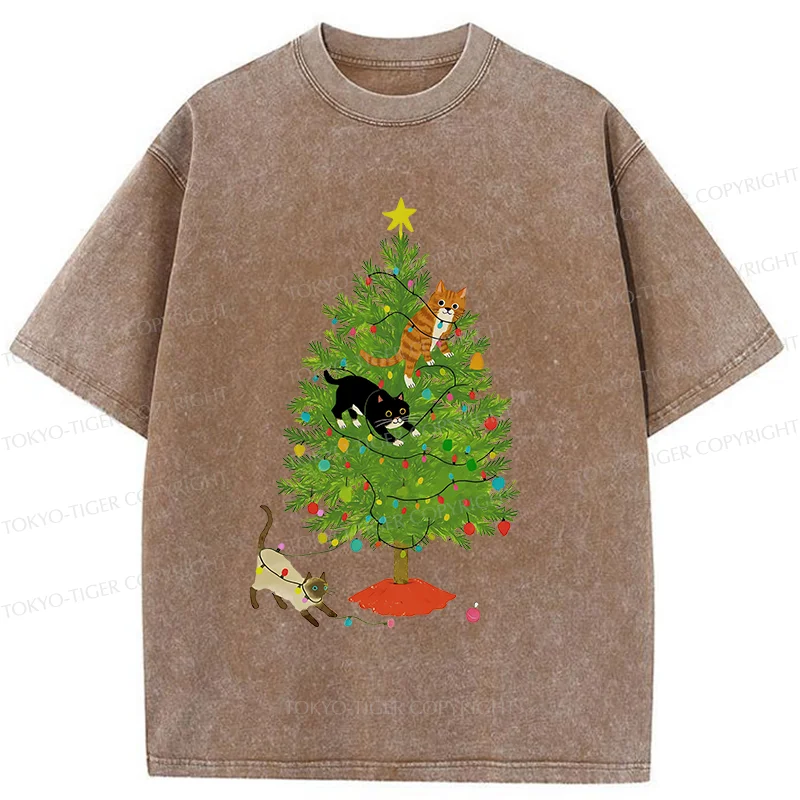 Tokyo-Tiger Cats Playing On The Christmas Tree Washed T-Shirt