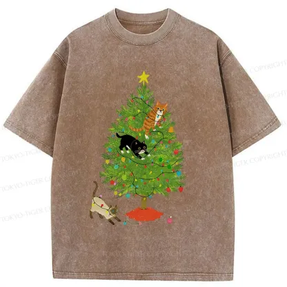 Tokyo-Tiger Cats Playing On The Christmas Tree Washed T-Shirt