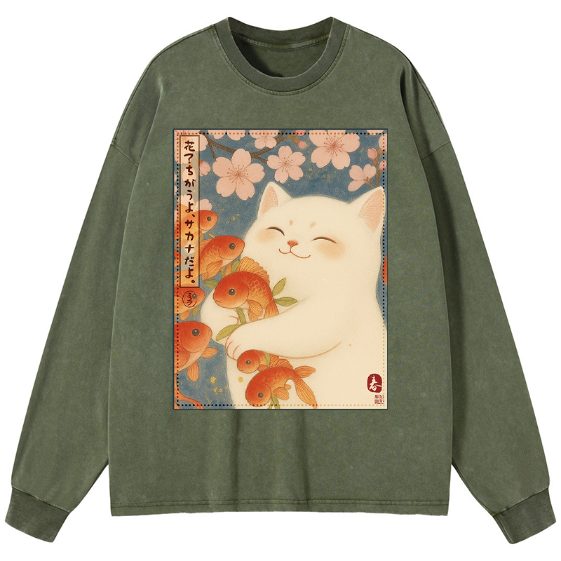 Tokyo-Tiger Funny Ukiyoe Cat and Fish Flower Washed Long Sleeve T-Shirt