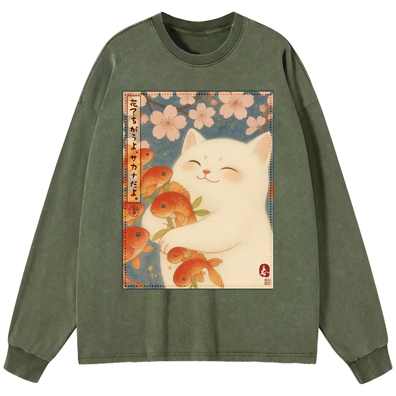 Tokyo-Tiger Funny Ukiyoe Cat and Fish Flower Washed Long Sleeve T-Shirt