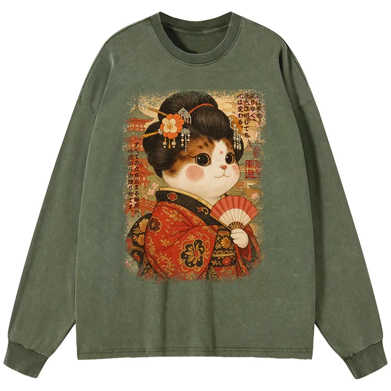Tokyo-Tiger Ukiyoe Japanese Cat Princess Washed Long Sleeve T-Shirt
