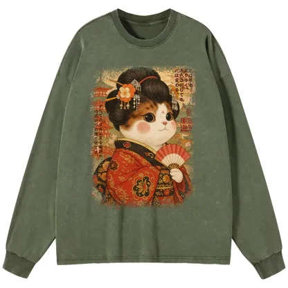 Tokyo-Tiger Ukiyoe Japanese Cat Princess Washed Long Sleeve T-Shirt