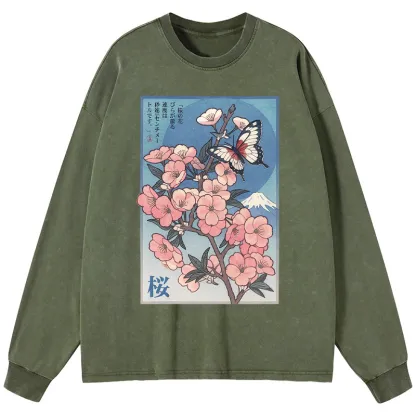 Tokyo-Tiger Ukiyoe Japanese Cherry blossoms Poster Washed Long Sleeve T-Shirt