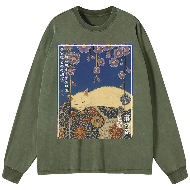 Tokyo-Tiger Ukiyoe Wisteria Flowers and Cats Washed Long Sleeve T-Shirt