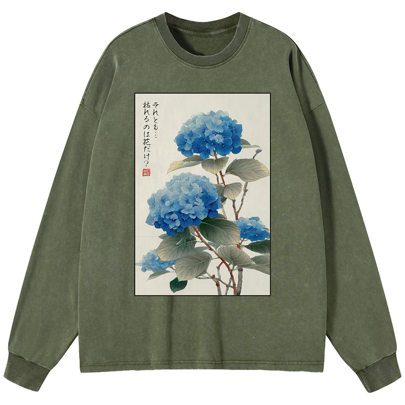 Tokyo-Tiger Ukiyoe Hydrangeas: A Reflection of the Soul Washed Long Sleeve T-Shirt