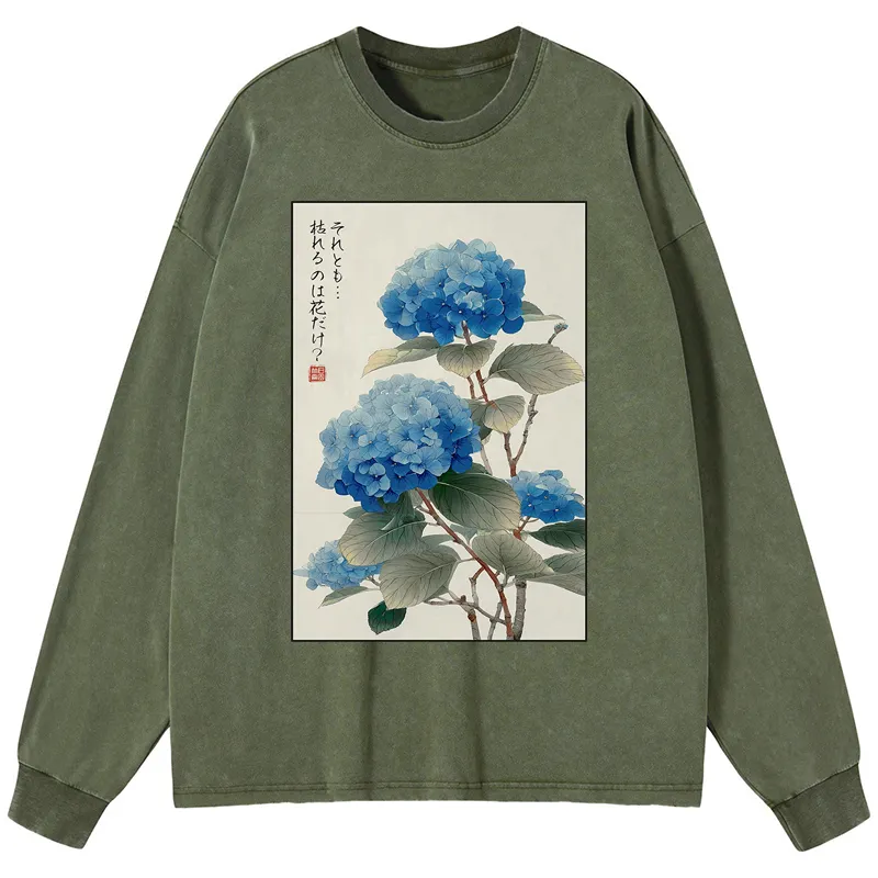 Tokyo-Tiger Ukiyoe Hydrangeas: A Reflection of the Soul Washed Long Sleeve T-Shirt