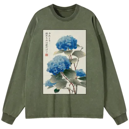 Tokyo-Tiger Ukiyoe Hydrangeas: A Reflection of the Soul Washed Long Sleeve T-Shirt