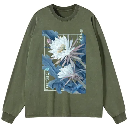 Tokyo-Tiger Vintage Epiphyllum-Short-lived beauty Poster Washed Long Sleeve T-Shirt
