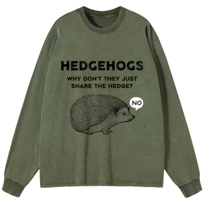 Tokyo-Tiger Funny Hedgehog Washed Long Sleeve T-Shirt