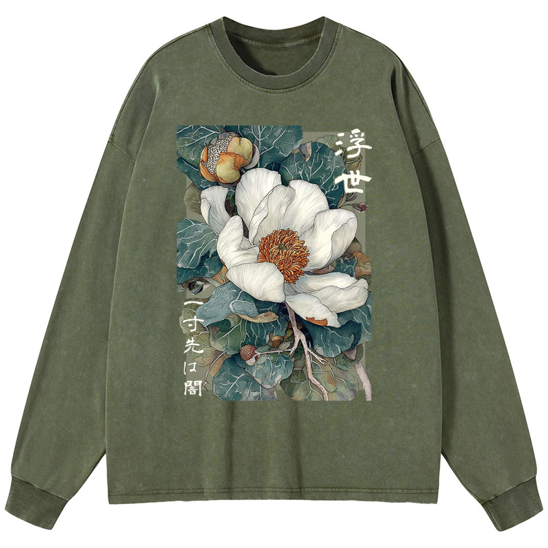 Tokyo-Tiger Ukiyoe Magnolia Flower Poster Washed Long Sleeve T-Shirt