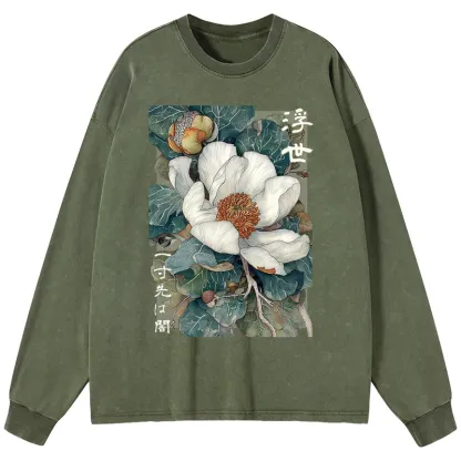Tokyo-Tiger Ukiyoe Magnolia Flower Poster Washed Long Sleeve T-Shirt