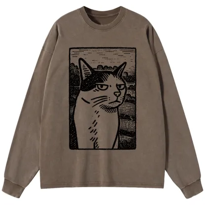 Tokyo-Tiger Cat's Hateful Eyes Washed Long Sleeve T-Shirt