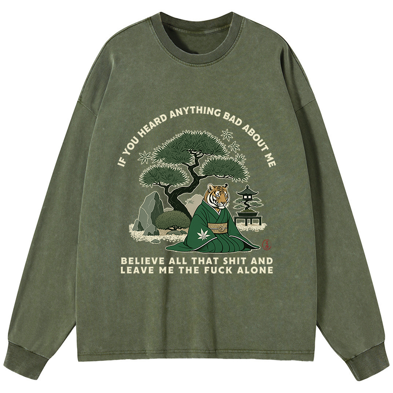 Tokyo-Tiger Funny Ukiyoe Tiger Samurai Zen Washed Long Sleeve T-Shirt