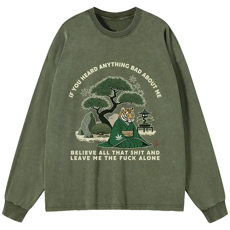 Tokyo-Tiger Funny Ukiyoe Tiger Samurai Zen Washed Long Sleeve T-Shirt