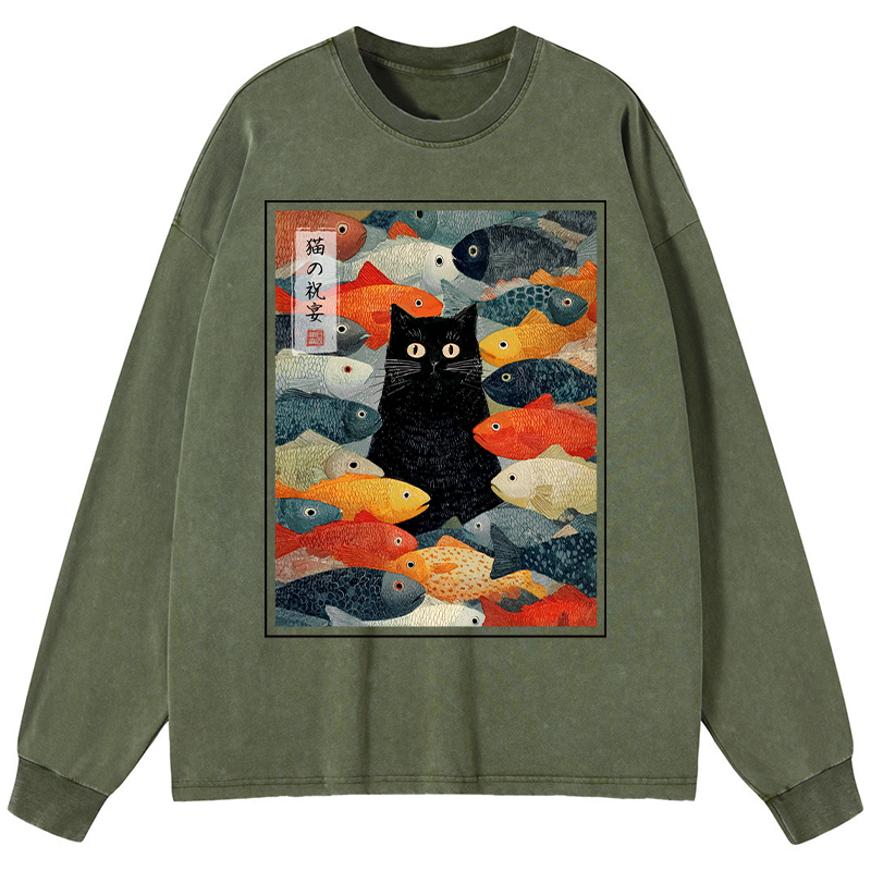 Tokyo-Tiger The Cat's Feast of Fish Washed Long Sleeve T-Shirt