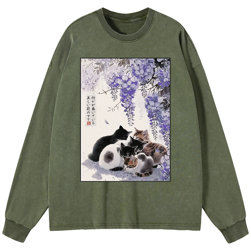 Tokyo-Tiger Cats plotting under the wisteria Washed Long Sleeve T-Shirt