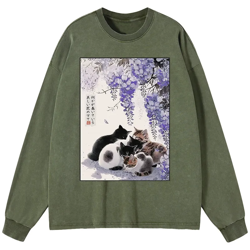 Tokyo-Tiger Cats plotting under the wisteria Washed Long Sleeve T-Shirt