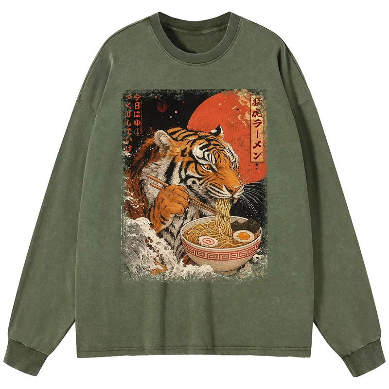 Tokyo-Tiger Ukiyoe Japan Tiger Eating Ramen Washed Long Sleeve T-Shirt
