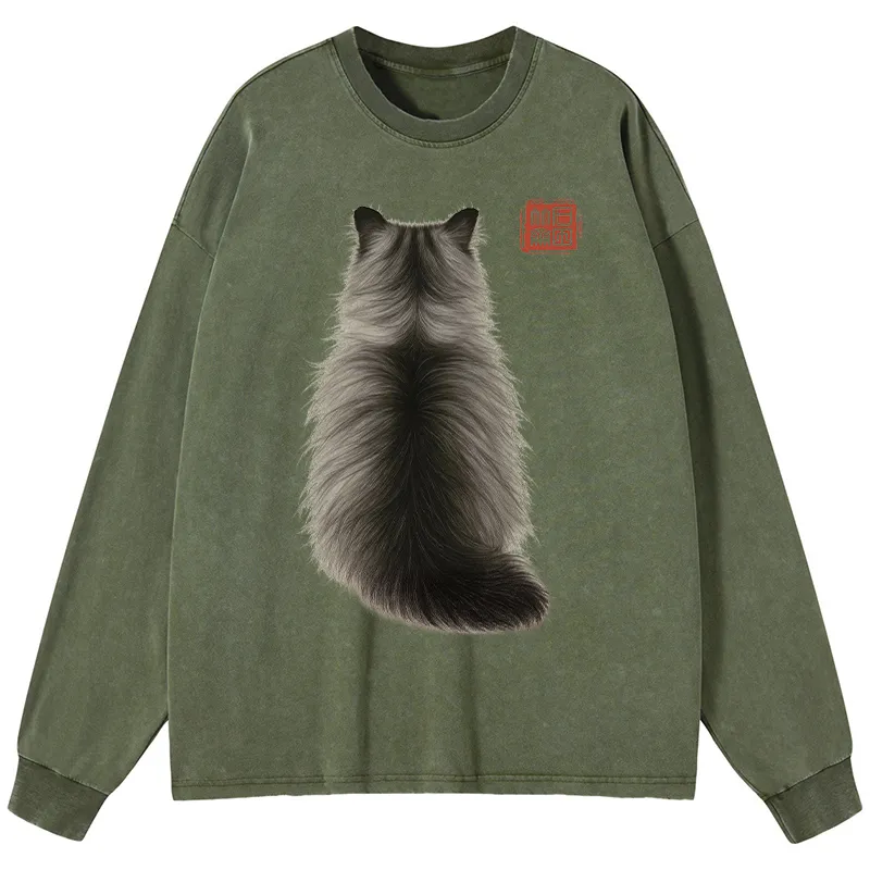 Tokyo-Tiger Cat's Back Ink Painting Washed Long Sleeve T-Shirt