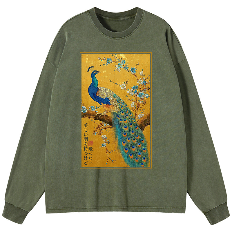 Tokyo-Tiger The Peacock's Silent Elegance Washed Long Sleeve T-Shirt
