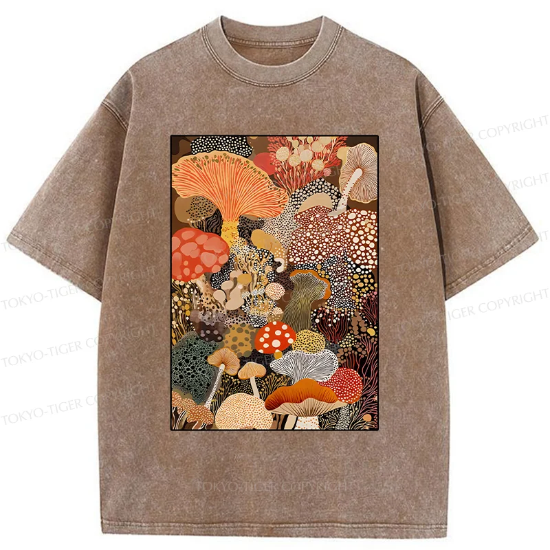 Tokyo-Tiger Psychedelic Mushroom Paintings Washed T-Shirt