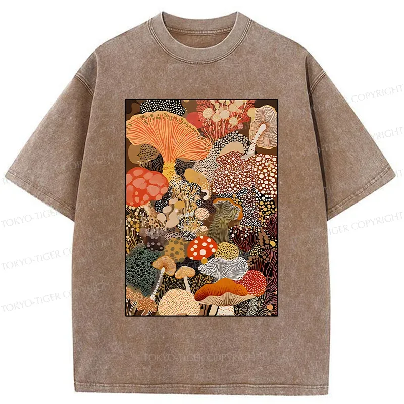Tokyo-Tiger Psychedelic Mushroom Paintings Washed T-Shirt