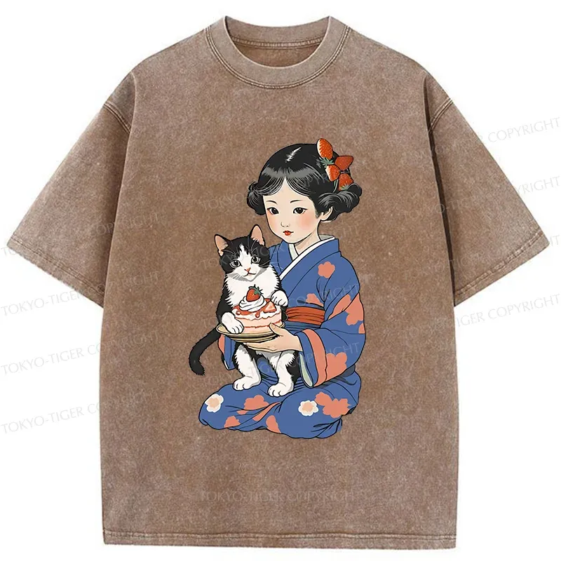 Tokyo-Tiger Japanese Child Holding A Cat Washed T-Shirt