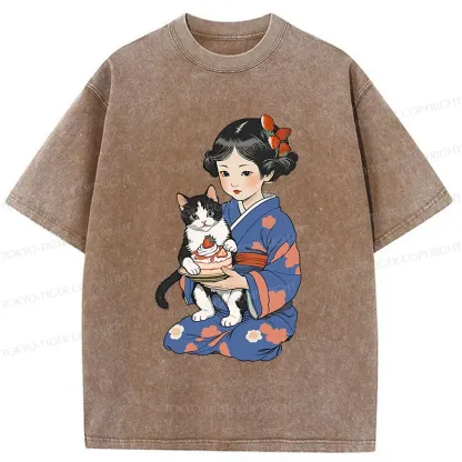 Tokyo-Tiger Japanese Child Holding A Cat Washed T-Shirt