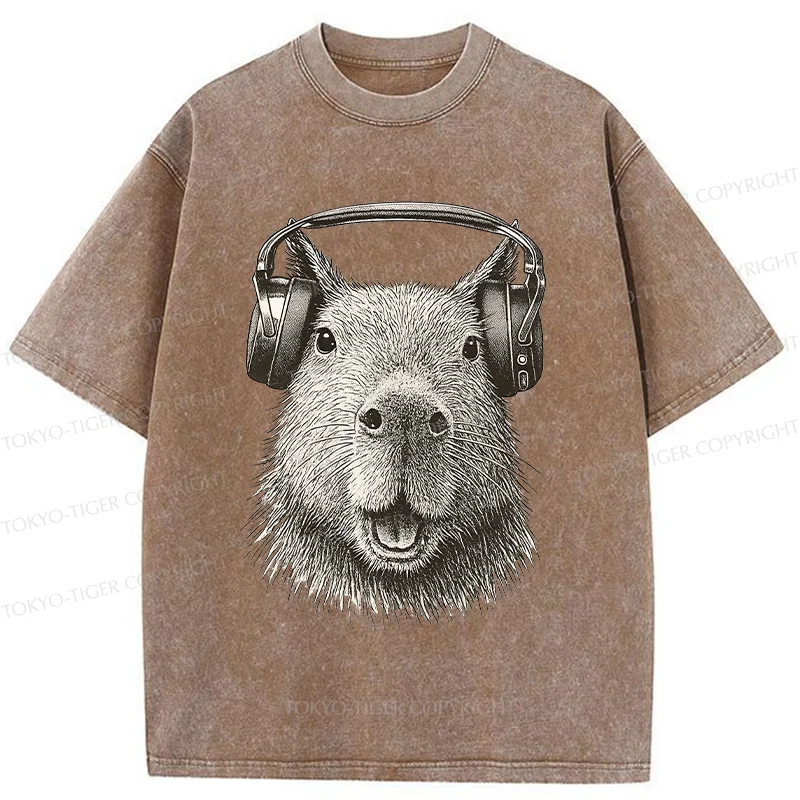 Tokyo-Tiger Capybara Listening To Music Washed T-Shirt