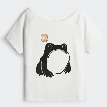 Tokyo-Tiger Matsumoto Hoji Woodblock Print Frog Off Shoulder T-Shirt