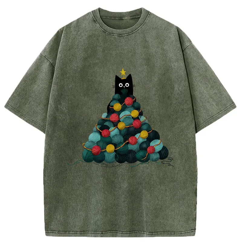 Tokyo-Tiger Yarn Christmas Tree Cat Washed T-Shirt