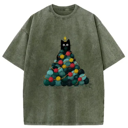 Tokyo-Tiger Yarn Christmas Tree Cat Washed T-Shirt