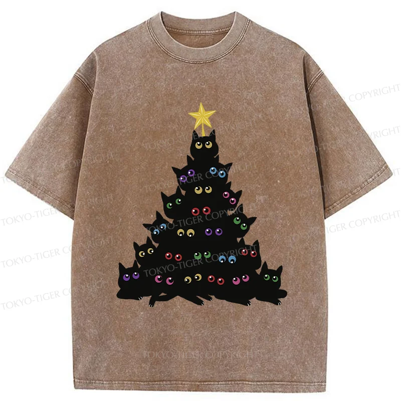 Tokyo-Tiger Cat Christmas Tree Washed T-Shirt