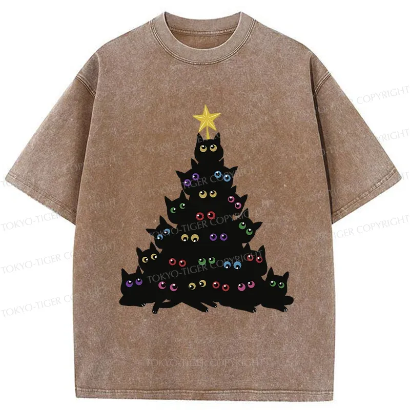 Tokyo-Tiger Cat Christmas Tree Washed T-Shirt