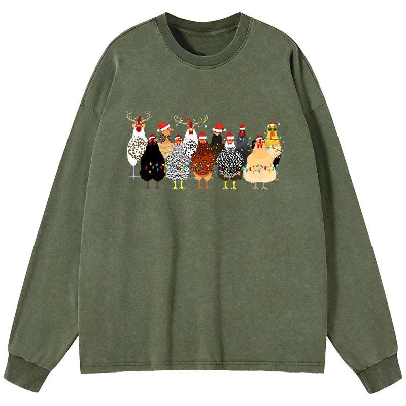 Tokyo-Tiger A Flock Of Christmas Chickens Washed Long Sleeve T-Shirt-tokyo-tiger