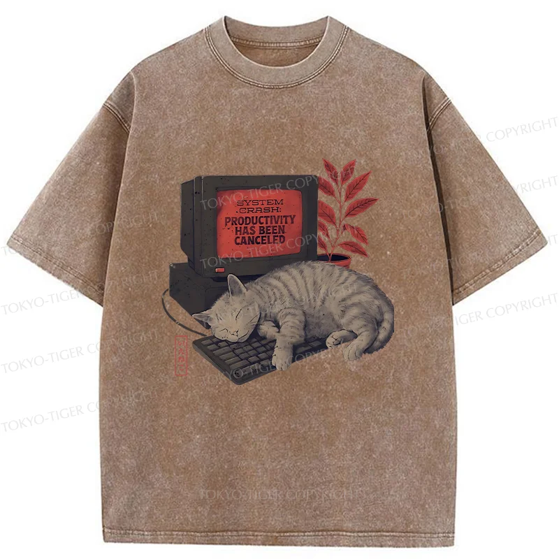 Tokyo-Tiger Cat Sleeping On Computer Washed T-Shirt