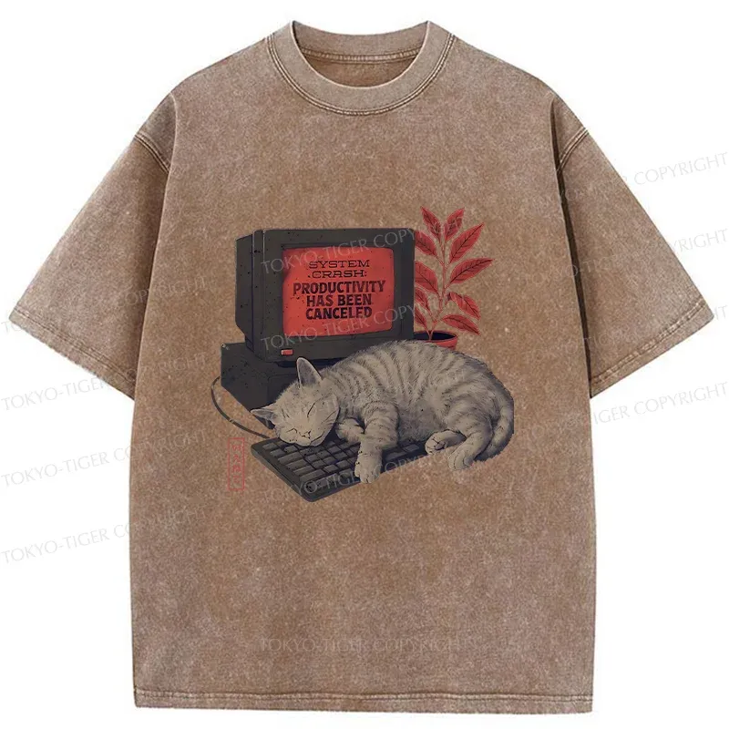 Tokyo-Tiger Cat Sleeping On Computer Washed T-Shirt