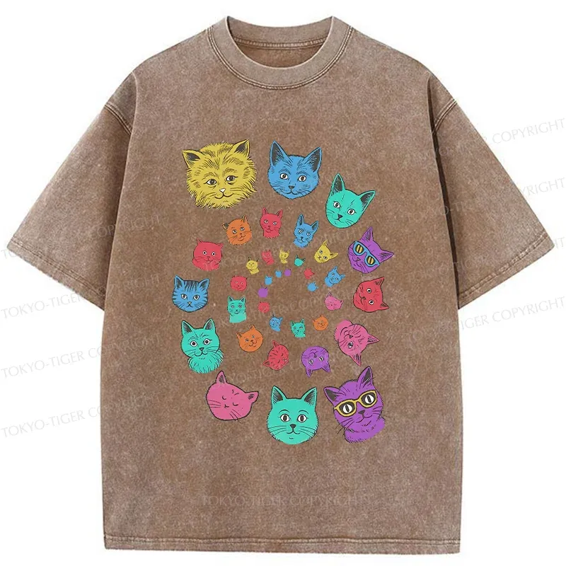 Tokyo-Tiger Psychedelic Spinning Cats Washed T-Shirt