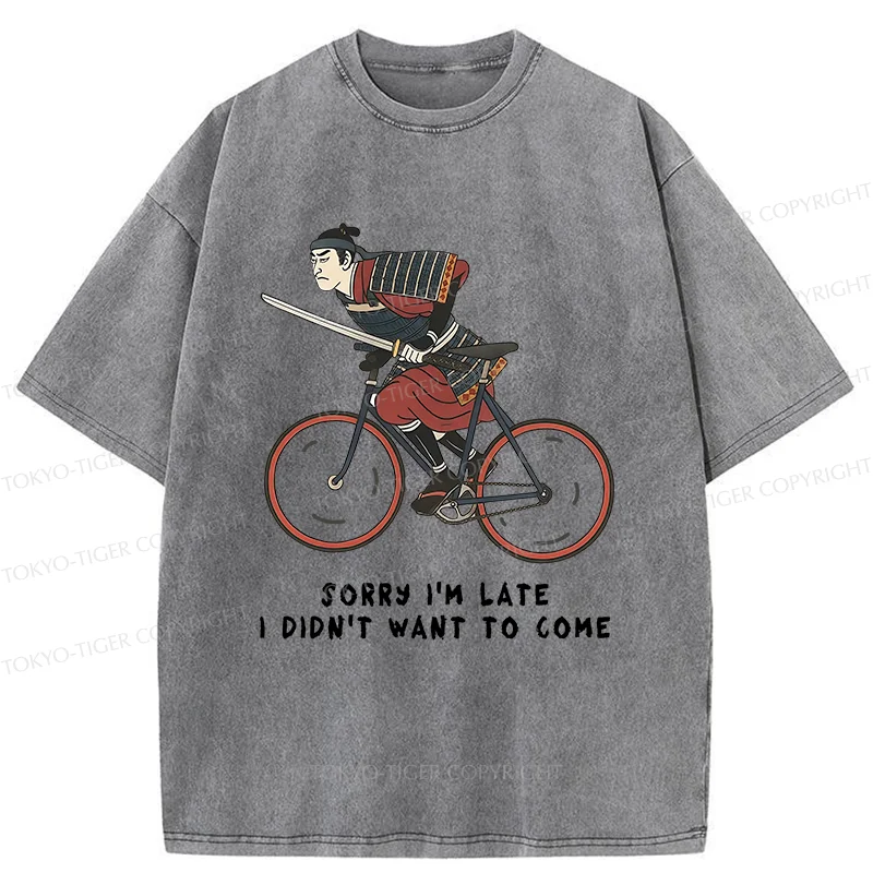 Tokyo-Tiger Samurai Riding A Bicycle Japanese Washed T-Shirt