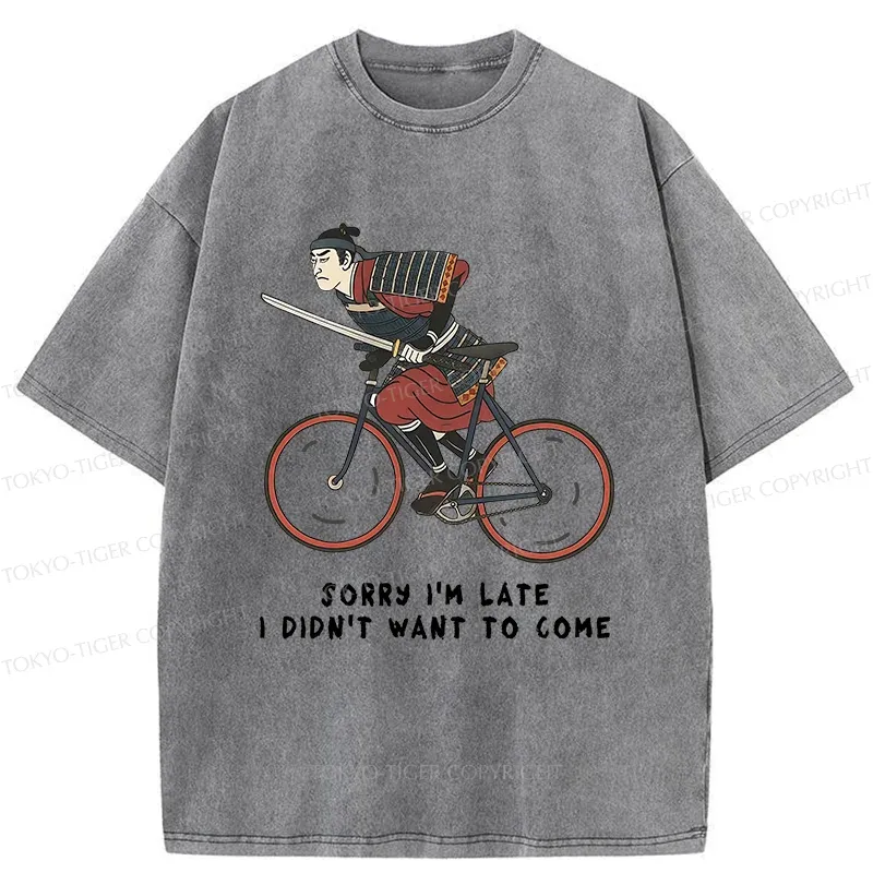 Tokyo-Tiger Samurai Riding A Bicycle Japanese Washed T-Shirt