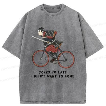 Tokyo-Tiger Samurai Riding A Bicycle Japanese Washed T-Shirt