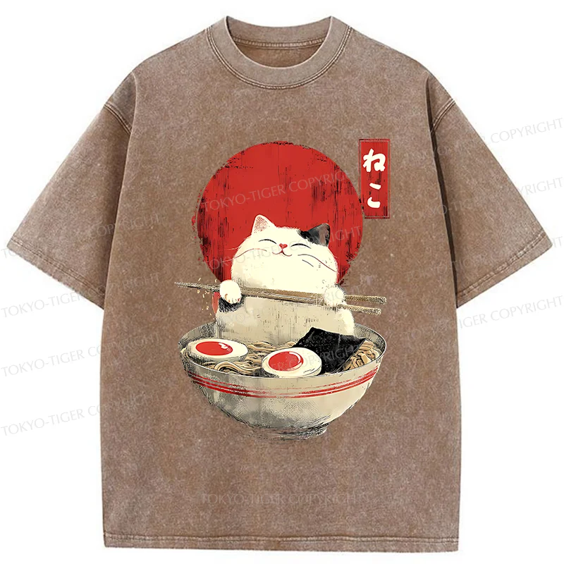 Tokyo-Tiger White Cat Ramen Washed T-Shirt